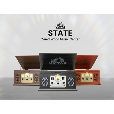 VICTOR State 7-in-1 Turntable Music Center with 3-Speed Record Player, CD/MP3/Cassette Player, FM Radio, Dual Bluetooth In & Out, and Built-in Stereo