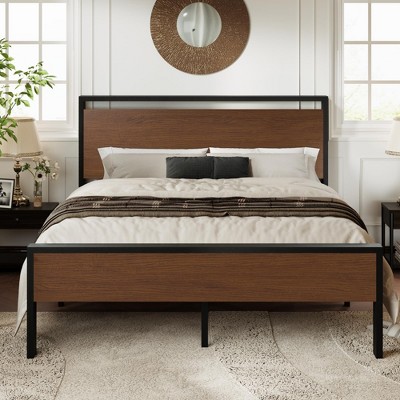 Allewie Platform Bed Frame with Wooden Headboard and Footboard, Heavy Duty 12 Metal Slats Support, No Box Spring Needed, Under Bed Storage, Non-Slip, Noise Free, Easy Assembly