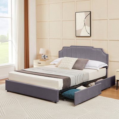 VECELO Upholstered Bed Frame Full/Queen Size Platform Bed Frame with Adjustable Headboard and Storage Drawers