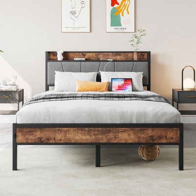 NicBex Bed Frame with Charging Station,Upholstered Bed Frame with Storage Headboard,Strong Metal Slats,No Box Spring Needed,Easy Assembly,Brown/Black