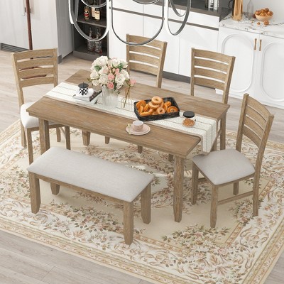 Whisen 6-Piece Rustic Wood Dining Room Set with 4 Chairs and Bench