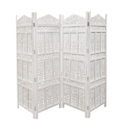 The Urban Port Aesthetically Carved 4 Panel Wooden Partition Screen/Room Divider Distressed White