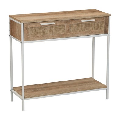 Bungalow Rectangular Console Sofa Table with Storage Shelf and 2 Drawers Coastal Oak Rustic Wood Grain Woven Front and White Metal