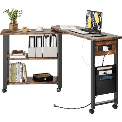 360° Rotating Sofa Side Table, with Charging Station, 2-Tier Hidden Couch Side Desk, Movable Laptop Table with Side Storage Pocket and 6 Casters