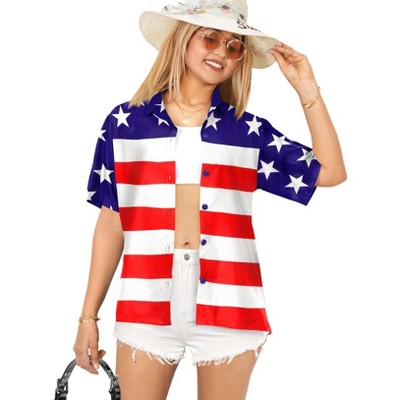 LA LEELA Women's Casual Beach 4th of July Blouses Shirt Patriotic Blouse Short Sleeve Button Up Dress Tops Tee Summer Hawaiian Shirts
