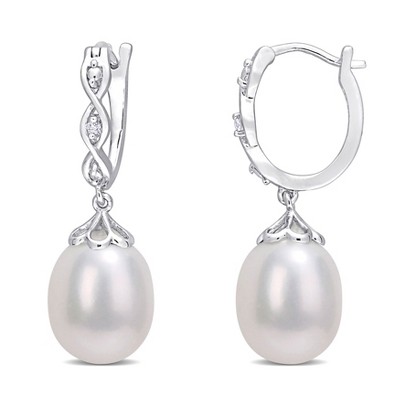 EVERLY JEWELRY | Sterling Silver 0.02 CT Diamond TW 8 - 8.5 MM Cultured Freshwater Pearl Cuff Earrings