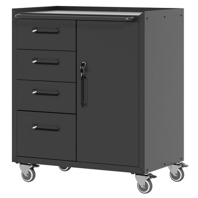 Munora - Lockable Rolling Tool Cabinet with 1 Door & 4 Drawers - 16.54"D x 29.53"W x 34.66"H - Black