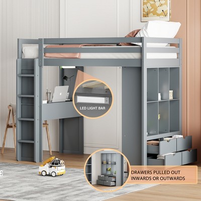 Twin Size Loft Bed with Large Shelves