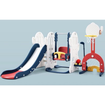 7 in 1 Toddler Slide and Swing Set, Kids Freestanding Slide Climber with Adjustable Swing and Basketball Hoop