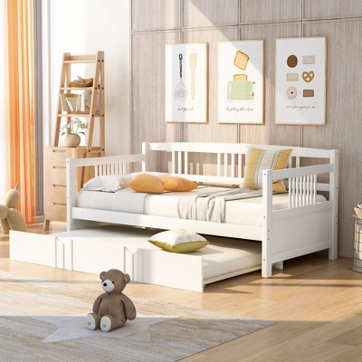 NicBex Twin Size Day Bed with Trundle 78.2" Wooden Daybed Frame Convertible Sofa Bed with Slatted Sides for Apartment, White