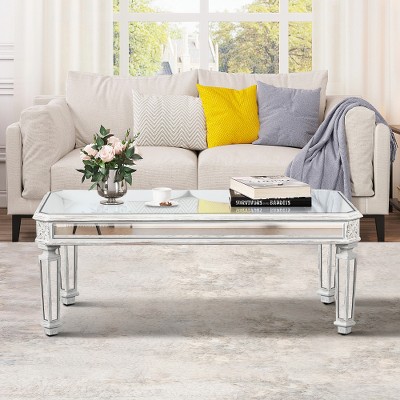 LIVAREEmlen Modern Mirrored Coffee Table, Vintage Carved Elements, Rectangle Glass Tea Table for Living Room and Office