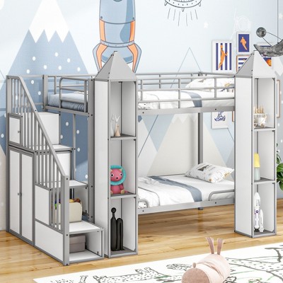 ModernLuxe Twin over Twin Metal Castle Bunk Bed with Wardrobe & Multiple Storage, No Spring Box Needed, Gray+White/Black+White