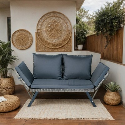 KTMBDW Outdoor Bench 2-Person Wicker Garden Patio Foldable Benches Seating Furniture for Backyard, Porch w/Seat Cushion - Gray/Navy