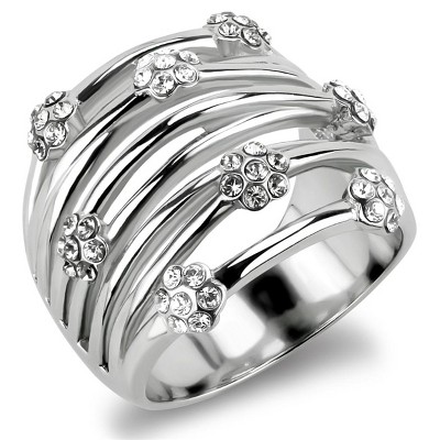 Slickblue Polished Stainless Steel Ring for Women, Clear Synthetic Crystal, No Plating, Flower Design, Size 5-10