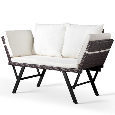 Karl Home | Convertible Outdoor Wicker Sofa With White Cushions And Pillows