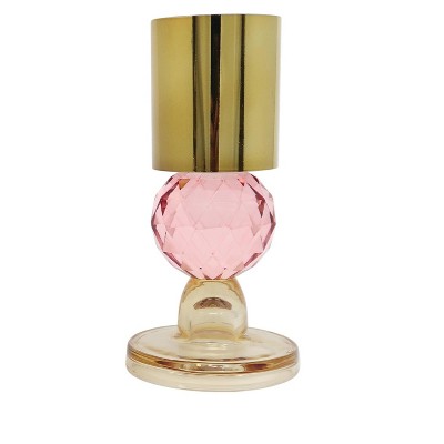 HomeRoots Set of Two Amber Gold And Pink Faceted Crystal Tabletop Taper Candlesticks