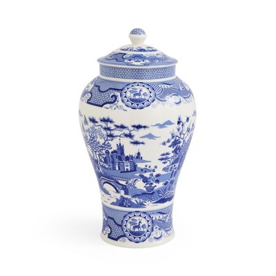 Spode Blue Italian Porcelain Decorative Vase - 14.3-Inch Tall Gothic Castle Scene with Blue & White Heritage Print - European Style Home Accents