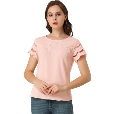 INSPIRE CHIC Women's Lace Crochet Short Sleeves Round Neck Blouse