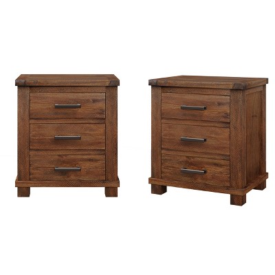 Dexmalle Rustic Three Drawer Reclaimed Solid Wood Farmhouse Nightstand Set of Two