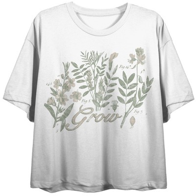 Vintage Botanical Grow Crew Neck Short Sleeve Women's White Crop T-shirt
