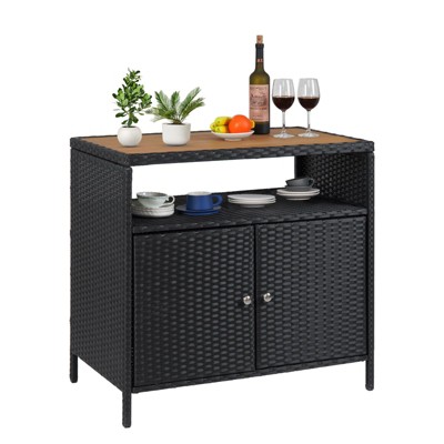 Outdoor Storage Cabinet, Weather-Proof Rattan Bar Table with Two Doors Wicker Patio