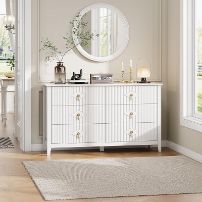 6-Drawer Wood Fluted Dresser 54 Inch Wide, Modern Chest of Drawers, Storage Organizer Cabinet for Living Room, Hallway, Entryway,
