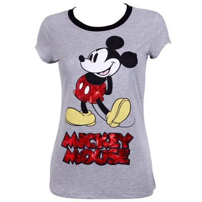 Adult Mickey Mouse Ladies Red Foil Logo Grey Tee Shirt