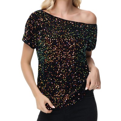 Anna-Kaci Women's Off-Shoulder Sequin Sparkly Short Sleeve Top with Relaxed Fit