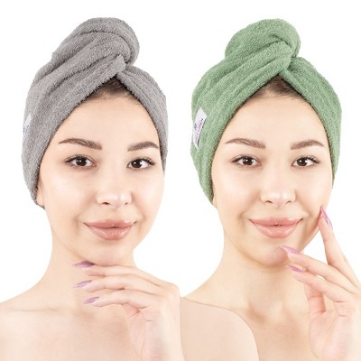 American Soft Linen 100% Cotton Hair Drying Towels for Women, 2 Pack Turkish Hair Towel Wrap, Head Towel Cap with Button, Hair Turban Towel