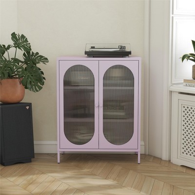 ORRD Short Metal Accent Cabinet with Fluted Glass Doors & 3 Shelves for Small Space Storage Solution