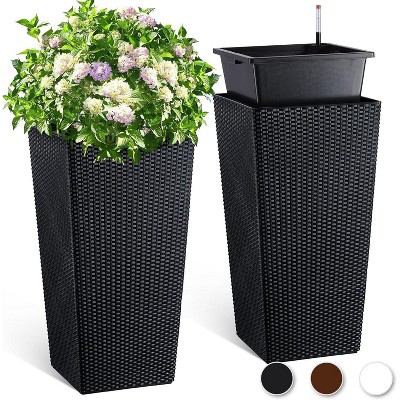 2 Pack Self Watering Planter, Tall Rattan Plant Pot with Water-Level Monitor, Bucket, Tray, Wheels, Indoor Outdoor Wicker Planter, Modern Black