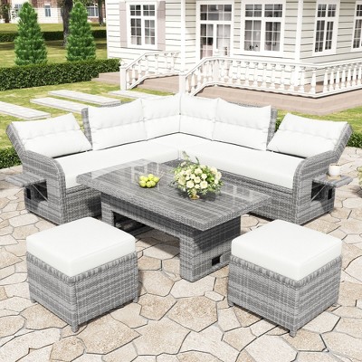 Sapphtopaz Patio Furniture Set Rattan Loveseat Sectional Lounge Couch with Cushions and Ottoman Rectangular Coffee Table for Backyard, Terrace