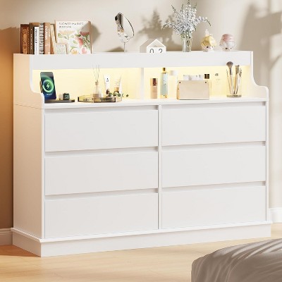 Acekool 6 Drawer Dresser with Power Station, Modern Wide Chest with Storage Shelf, Bedroom Organizer for Living Room, Hallway