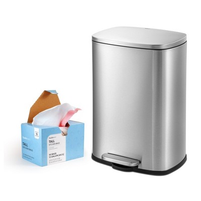 QUALIAZERO 13 GAL/50L, RECTANGLE SHAPE, STAINLESS STEEL STEP-ON CAN, WITH SOFT CLOSE LID & 50 COUNTS 13 GAL BAGS COMBO, BRUSH FINISH