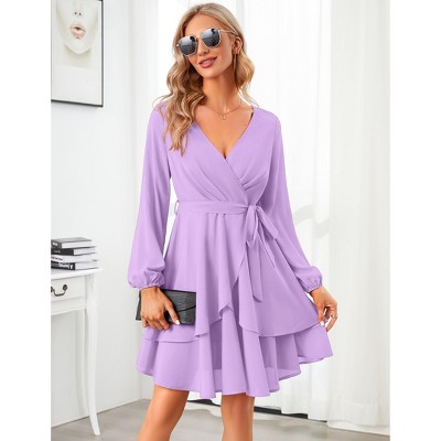 Clearlove Women Mini Dress  Wrap V Neck Long Sleeve Waist Tie Dress Layerd Flowy Flutter Skater Dress