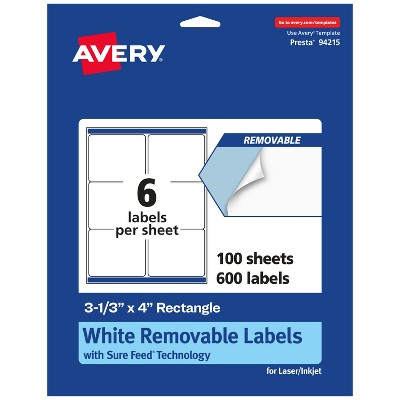 Avery Matte White Removable Rectangle Labels with Sure Feed Technology, 3-1/3" x 4"