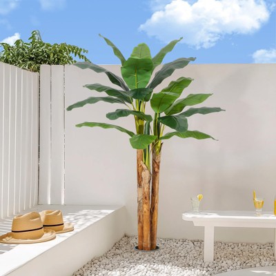 Artificial Banana Tree, 5Ft/6Ft/7Ft Faux Banana Tree with Gray Pot, Artificial Plant with 11/21/24 Faux Banana Leaf Plant for Home Office Decoration