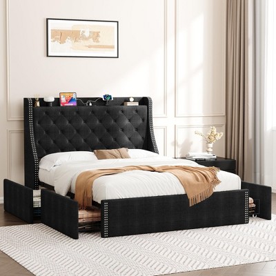 Queen Size Bed Frame With Wingback Headboard, 4-Drawer Velvet Upholstered Platform Bed Frame With Charging Station, Button Tufted Storage Bed, No Box