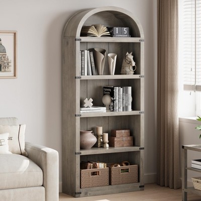 GustoWave 71.65in Tall Bookcase，Arched Bookshelf  Farmhouse Display Storage Rack，Wooden Bookshelves,White/Gray