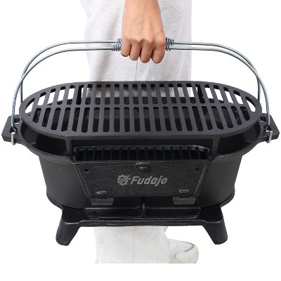 Oval Cast Iron Grill Outdoor, Portable Charcoal Grill and Tabletop Cast Iron Skillet
