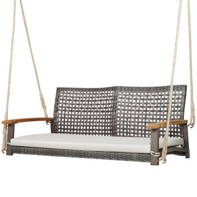 Tangkula Rattan Patio Porch Swing 2-Person Cushioned Swing Chair Bench