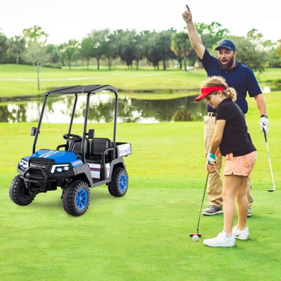 Costway 24V 7AH Kids Golf Cart 4WD 2 Seater Ride on Car with Sun Shade & Dump Bed Black/Red/Pink/Navy