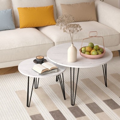 HOMLUX 2 PCS Nesting Coffee Table Set Round End Table Sofa Side Table,Brown/White/Black