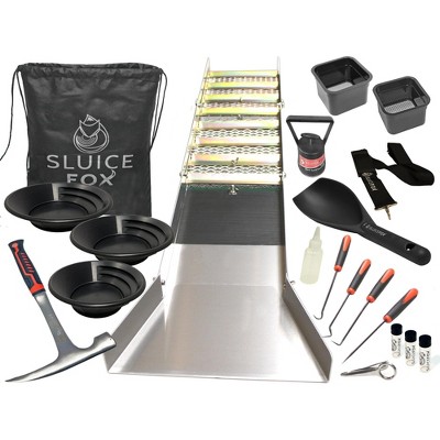 Complete Gold Mining Kit; Folding 50 inch Gold Sluice Box; Rock Pick Hammer; Gold Classifiers; Pay Dirt Scoop; Crevice Tools