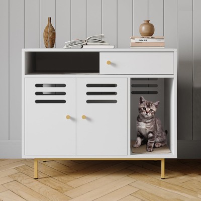 Hidden Cat Litter Box Enclosure - White End Table w/2 Storage Compartments, Scratching Mat & Ventilation, Dog-Proof Design