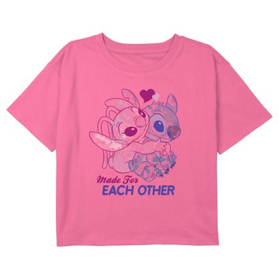 Girl's Lilo & Stitch Made For Each Other Watercolor Graphic Graphic Cropped T-Shirt