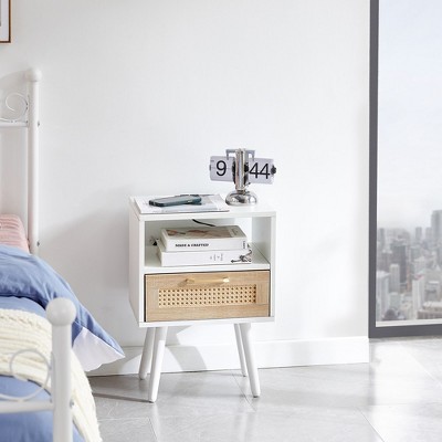 Mid-Century Modern Nightstand,15.75" Rattan Night Stands with Power Outlet & USB Ports,Drawer Solid Wood Legs, Bedroom Night Stand