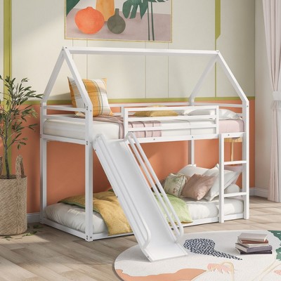NicBex Bunk Bed Twin over Twin Classic House Shape Bed Frame with Guardrail ,Detachable Design Ladder and Slide, No Spring Box Required