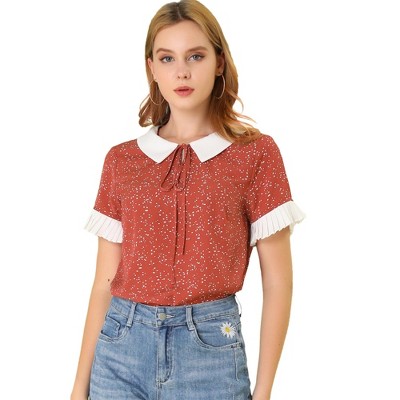 Allegra K Women's Contrast Doll Collar Polka Dots Short Sleeves Blouse