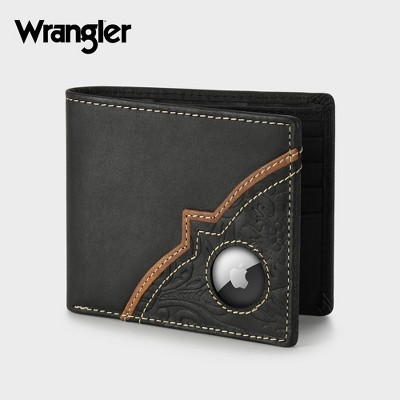Wrangler Men's RFID Bifold Genuine Leather Wallet with Apple AirTag Holder Window In Gift Box, Gift for Man Husband Boyfriend